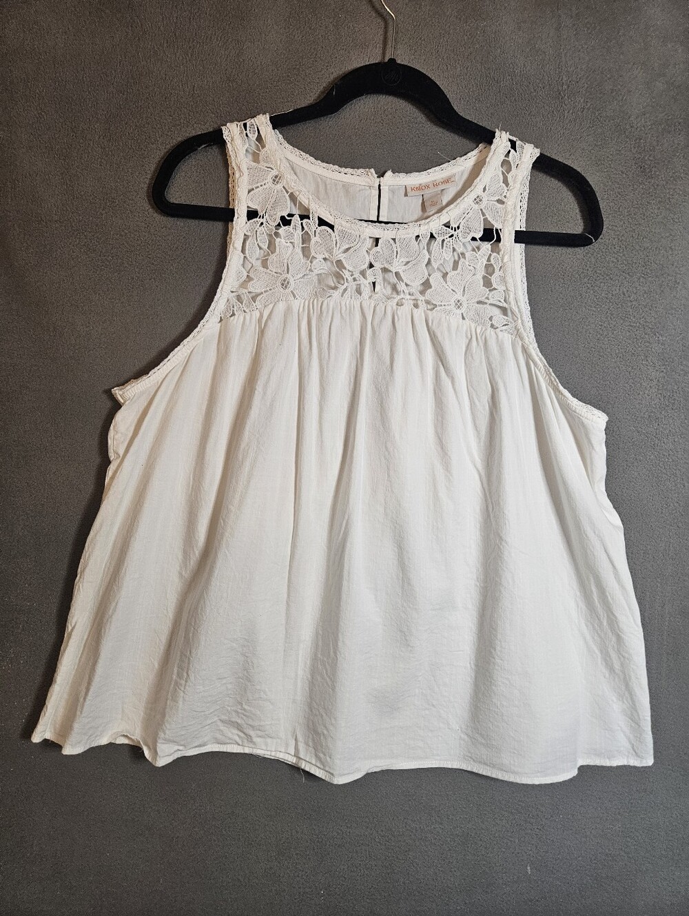 Knox Rose Womens XL Boho Tank Top Shirt Crew Crochet Floral White Sheer Flowy